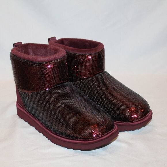 NIB UGG YOUTH SEQUIN MINI SHEARLING LINED BOOTS BURGUNDY PORT - Picture 2 of 7
